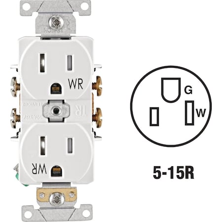 Leviton Straight Blade Receptacle, 5-15R, 15 A, White S12-TWR15-00W